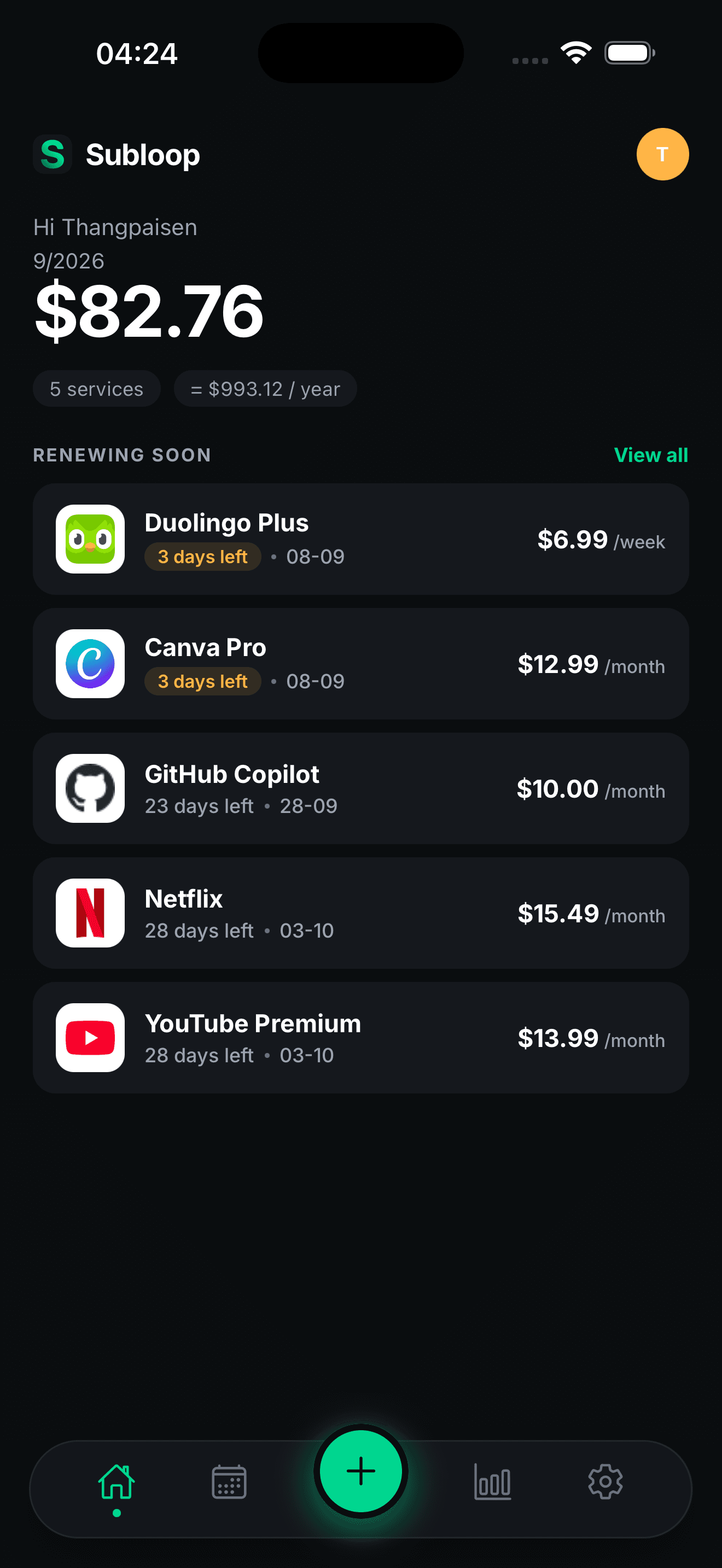 Monthly total and upcoming renewals